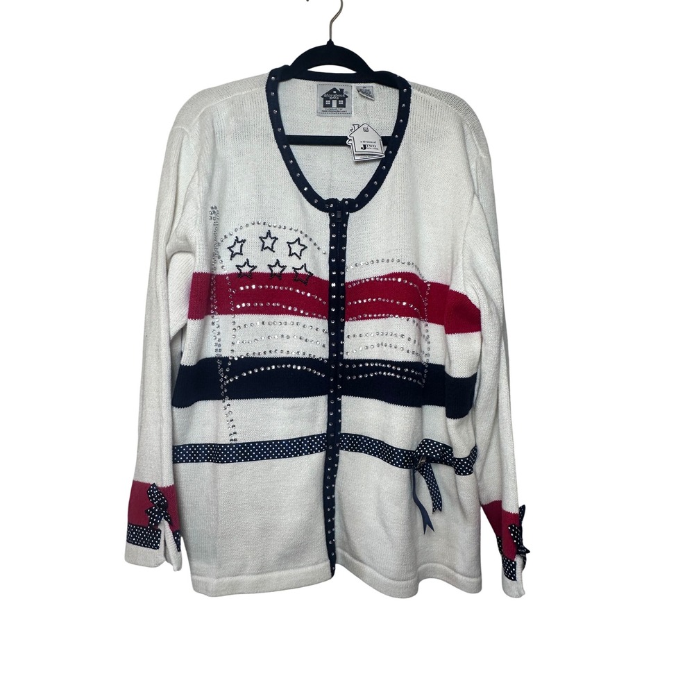 Storybook Knits Patriotic Zip Front Cardigan Sweater 2X Red White Blue Flag Star